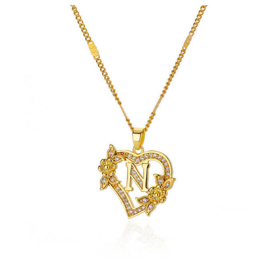Zircon Stainless Steel Heart Flower Letter Necklaces For Women Gold Color A-Z Letter Heart Necklace N