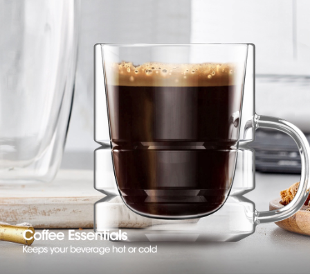 CRYSALIS Double Wall Glass Coffee Cup 280ml | 9.4oz [Set of 2] Drinking Mug Glass Dining Essentials