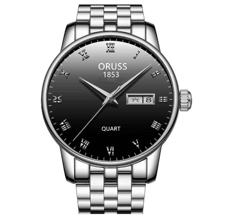Oruss Luxury Silver Watch Men Original Waterproof Automatic Dual Calendar Quartz Watch Fashion Stainless Steel Strap Men Watch Relo 005