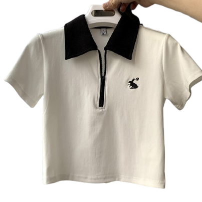 ovito Casual Plain Colorblock Embroidery Zipper T-Shirt for Women LNE13026 (White)