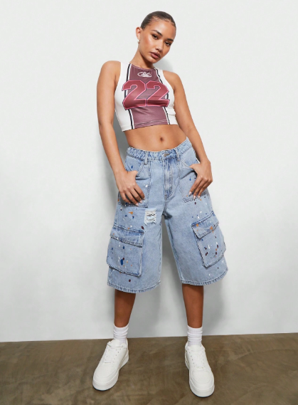 SUMWON WOMEN Distressed Cargo Jort With Paint Splatter