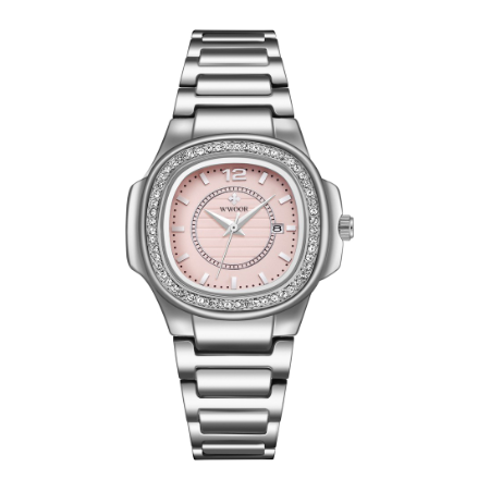 Wwoor Top Brand Luxury Women Watches Gold Watch Stainless Steel Square Waterproof Ladies PINK DIAL SILVER CASE STRAP