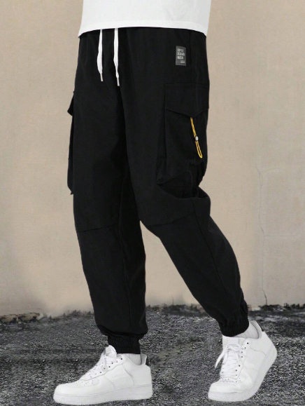Men's Fashion Waist Drawstring, Flap Pocket Cargo Pants For Everyday And Casual