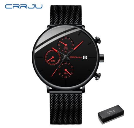CRRJU Mens watches Stainless Steel Mesh Strap Men's Fashion Casual Date Watches 2268 RED