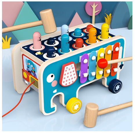 Early Learning Wooden Hammer Pounding Toy with Gears, Gift for 1-4 Year Old Boys and Girls