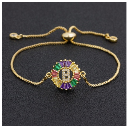New Fashion A-Z Initial Colorful Cubic Zircon Letter Bracelets Adjustable Chain Rainbow Jewelry B