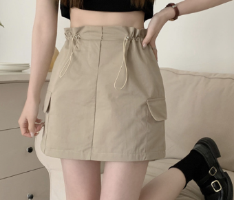 Lovito Casual Plain Pocket Drawstring A-Line Mini Skirts for Women LNE09139 Light Khaki