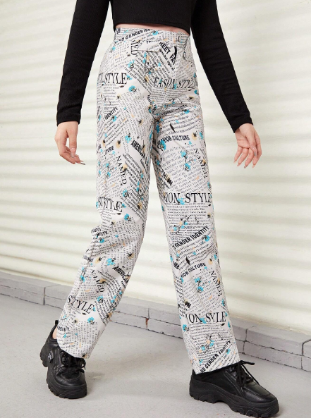 Teen Girl Floral & Slogan Graphic Straight Leg Pants