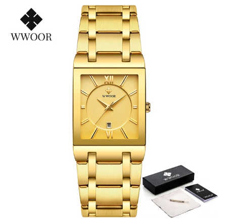 Wwoor Gold Bracelet Watches Men Gevena Square Clock Male Stainless Steel Waterproof Auto Date Quartz Watch ALL GOLD