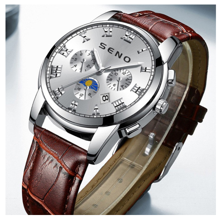 SENO Fashion Luxury Men's Watch Stainless Steel Casual Wristwatches Quartz Movement 30M Waterproof Calendar Original Watch WHITE LEATHER