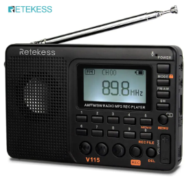 Retekess V115 Portable Digital Radio Rechargeable, FM AM Shortwave Radio Stereo Digital Tuner, Support TF Card AUX MP3 and Headphone Jack, Recorder Bass Speaker Backlight, for Outdoor, Kitchen Holiday
