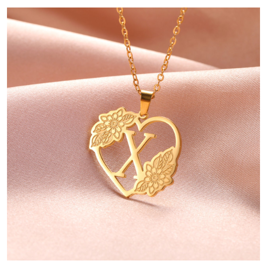 A-Z Initial Flower Necklace Women Stainless Steel Letter Heart Pendant Necklace Choker X
