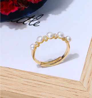Natural Freshwater Pearl Ring Adjustable Hand Ornaments Copper Gold Plated
