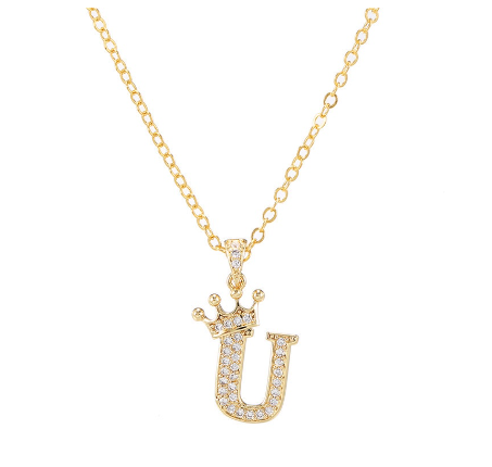 Luxury Crystal Zircon Alphabet Pendant Necklaces for Women Men Gold Crown Initial Letter Necklace U