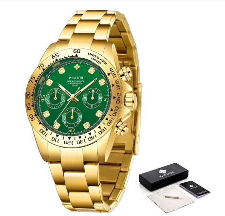 Wwoor Top Brand Men Sports Quartz Watches Stainless Steel Military Waterproof Chronograph Date Luxury GOLDEN SHELL  GREEN SURFACE