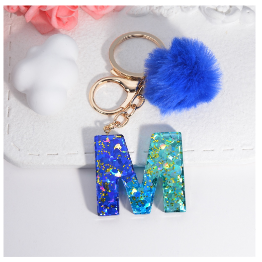 Exquisite Blue Pompom A-Z 26 Letter Keychain Glitter Heart Sequin Filled Initials Keyrings Bag Accessories Charm Car Keyholder M