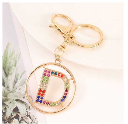 Colorful Rhinestone A-Z Letter Keychain Hollow Round Initials Alloy Keyring Bag Pendant Ornament DIY Accessories Charms Gift D