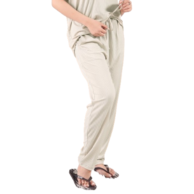 INSPI Chic Plain Ribbed Pants for Women Korean Casual Rib Knitted Pajama Plus Size Wide Baggy Pant (Ivory)