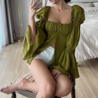 Fashion Women Square Neck Puff Long Sleeve Split Blouse