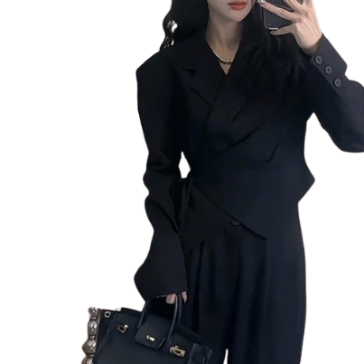 Lovito Women Casual Plain Asymmetrical Lace Up Blazer LNA35029 (Black)