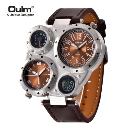 Oulm Sports Men's Watches Top Brand Luxury 2 Time Zone Quartz Watch Decorative Compass Male Wrist Watch BROWN
