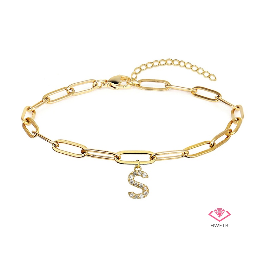 Hwetr Fashion 26 A-Z Initial Bracelet For Women Classic Zircon Letter Pendant Paper Clip Chain Bracelet Jewelry Accessories Gift S