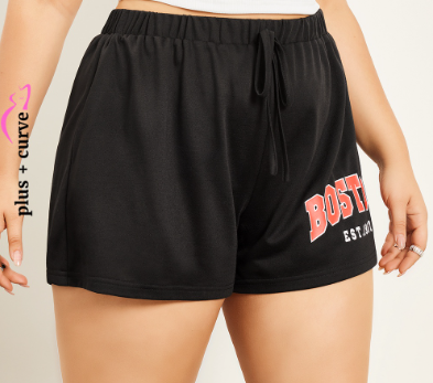 Lovito Plus Size Curve Casual Letter Tie Front Lette Rprint Elastic Waist Shorts for Women LPS07026 Black