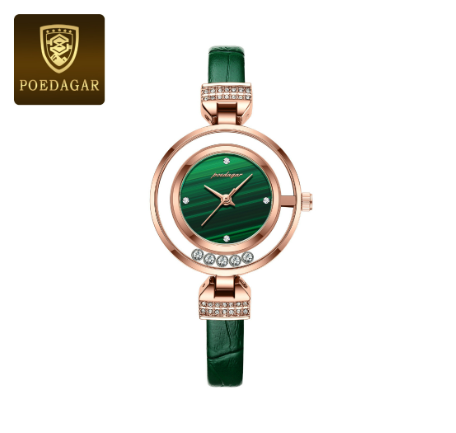 POEDAGAR genuine leather watch for women original waterproof korean style 2023 new fashion elegant diamond double ring dial design GREEN