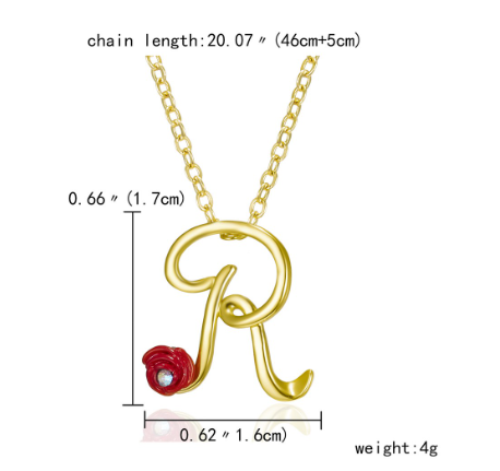 Fashion 26 Letter Necklace Ladies Red Rose Flower Clavicle Pendant Necklace Rhinestone Retro English Letter Necklace R