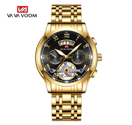 VA VA VOOM Top Brand Watch Men Luxury Wristwatch Imitate Automatic Quartz Sports Watch GOLD BLACK