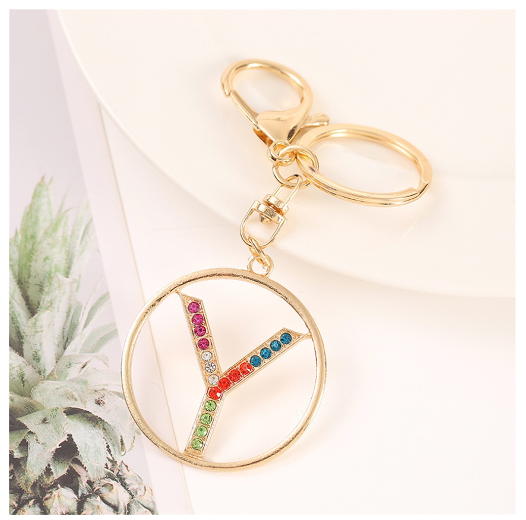 Colorful Rhinestone A-Z Letter Keychain Hollow Round Initials Alloy Keyring Bag Pendant Ornament DIY Accessories Charms Gift Y