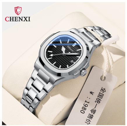 CHENXI watch for woman waterproof sale original 2023 new design stainless steel calendar luminous square Watch BLACK