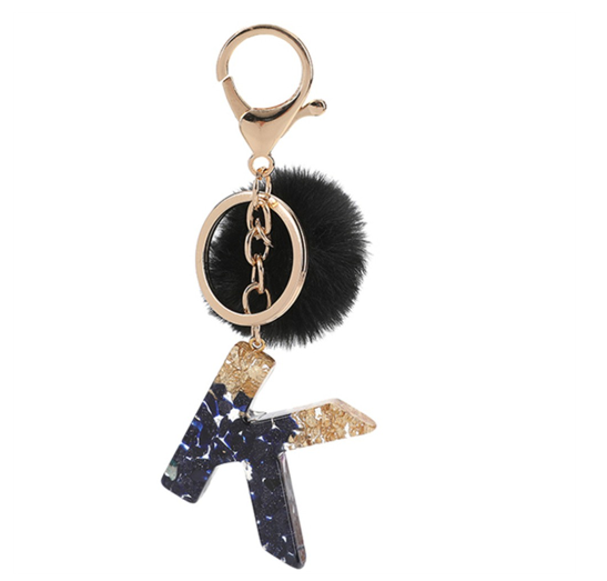 New Black Pompom 26 English Alphabet Resin With Gold Foil Keychain Charms Exquisite Letter Keyring K