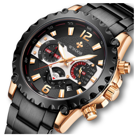 Wwoor Men Watch Stainless Steel Waterproof Original Quartz Battery Analog Wristwatch BLACK DIAL BLACK STRAP