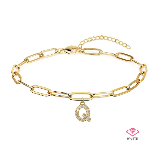 Hwetr Fashion 26 A-Z Initial Bracelet For Women Classic Zircon Letter Pendant Paper Clip Chain Bracelet Jewelry Accessories Gift Q