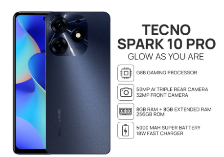 Tecno Spark 10 Pro Smartphone | 8GB RAM + 256GB ROM | Helio G88 Processor | 50MP Rear Camera | 5000