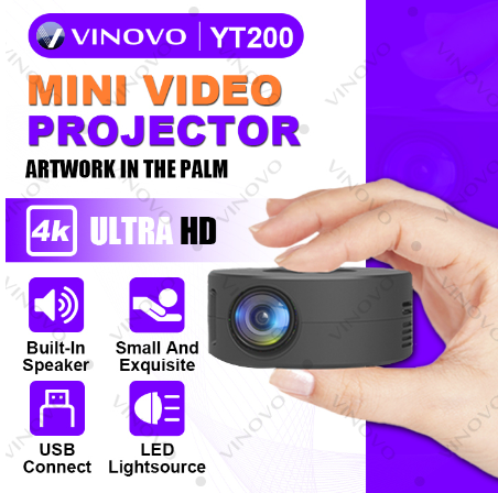 VINOVO YT200 Projector Mini Portable Wired Same-screen Household Projector Movie Projector 4K