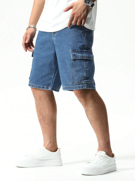 Manfinity Hypemode Men's Casual Workwear Denim Shorts Baggy Cargo Plain Navy Blue Vacation Basic Rapper