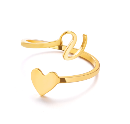 Gold Stainless Steel A-Z Rings Initial Letters Heart Rings Women Fashion Non Fading Jewelry Adjustable V
