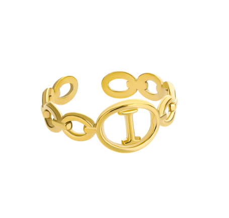 Kaijiang Hollow Initial Letter Rings For Women Gold Color Link Adjustable Open Ring Stainless Steel Jewelry Gift Fashion Accessories I