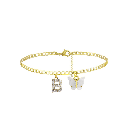 Fation Dainty Butterfly Initial Ankle Bracelets Handmade Cuban Chain White Butterfly A-Z Alphabet Letter Initial Anklets Summer Beach B