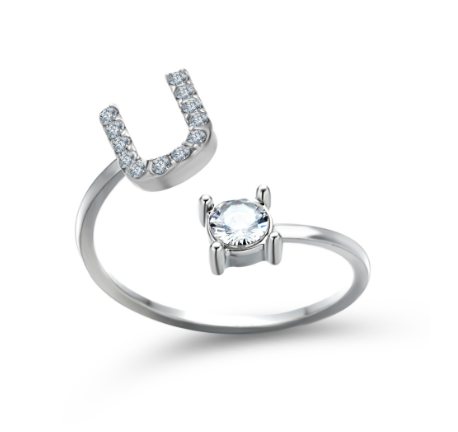 Silver A-Z Letters Ring for Women Cubic Zirconia Initial Letter Ring Fashion Jewelry Gift Adjustable U