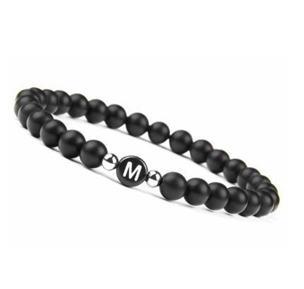 6mm Black Frosted Stone Beaded Bracelet Unisex 26 Initials Letters Name Bracelet With Elastic Rope For Couple Friendship Gifts M