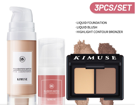 Kimuse 3 Pcs. Face Makeup Set Liquid Blush + 2 in 1 Highlight Contour Powder Foundation