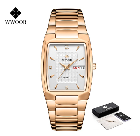 Wwoor Luxury Gold Women Bracelet Watches 2022 Design Square Ladies Dress Quartz Wristwatch WHITE DIAL ROSEGOLD CASE STRAP