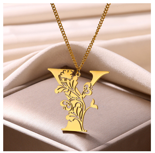Beauty Flower A-Z Letter Necklaces for Women Men Stainless Steels Flower Initial Pendant Necklace Y
