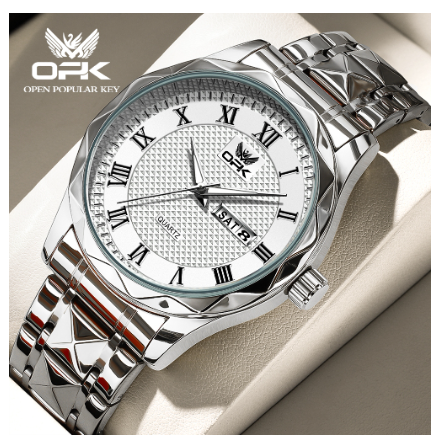 OPK Watch For Men Waterproof Original Quartz Luminous Calendar Stainless Steel Watch WHITE DIAL SILVER STRAP