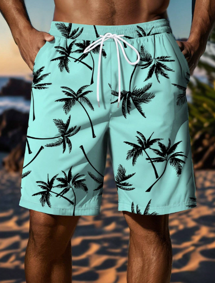 Men's Palm Tree Print Drawstring Waist Casual Shorts For Vacation