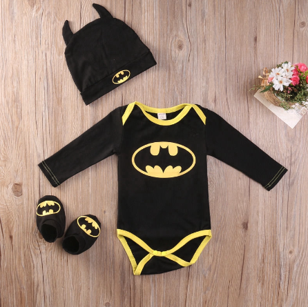 BCBL Costume for Baby Boy Terno Batman Cartoon Babies Romper Born Onesies Black Jumpsuit Clothes Shoes Hat Costumes 3 Pcs.