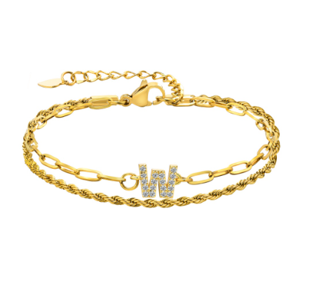 Vnox Letter Double Layer Braelet,18K Gold Fried Twistsed Paper Clip Zirconia Initial Stainless Steel Chain Link for Women W